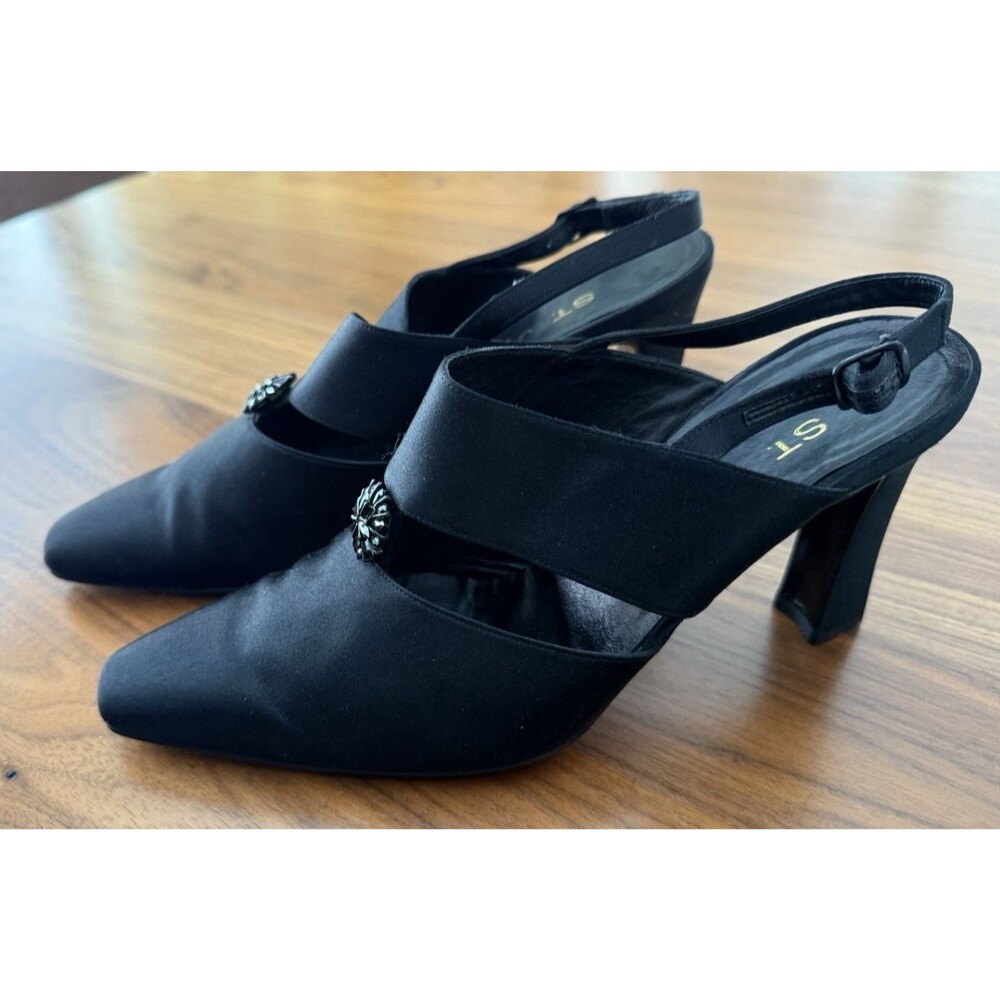 St John Black Satin Slingback Heels Women Size 8 Pointed Toe Embellished